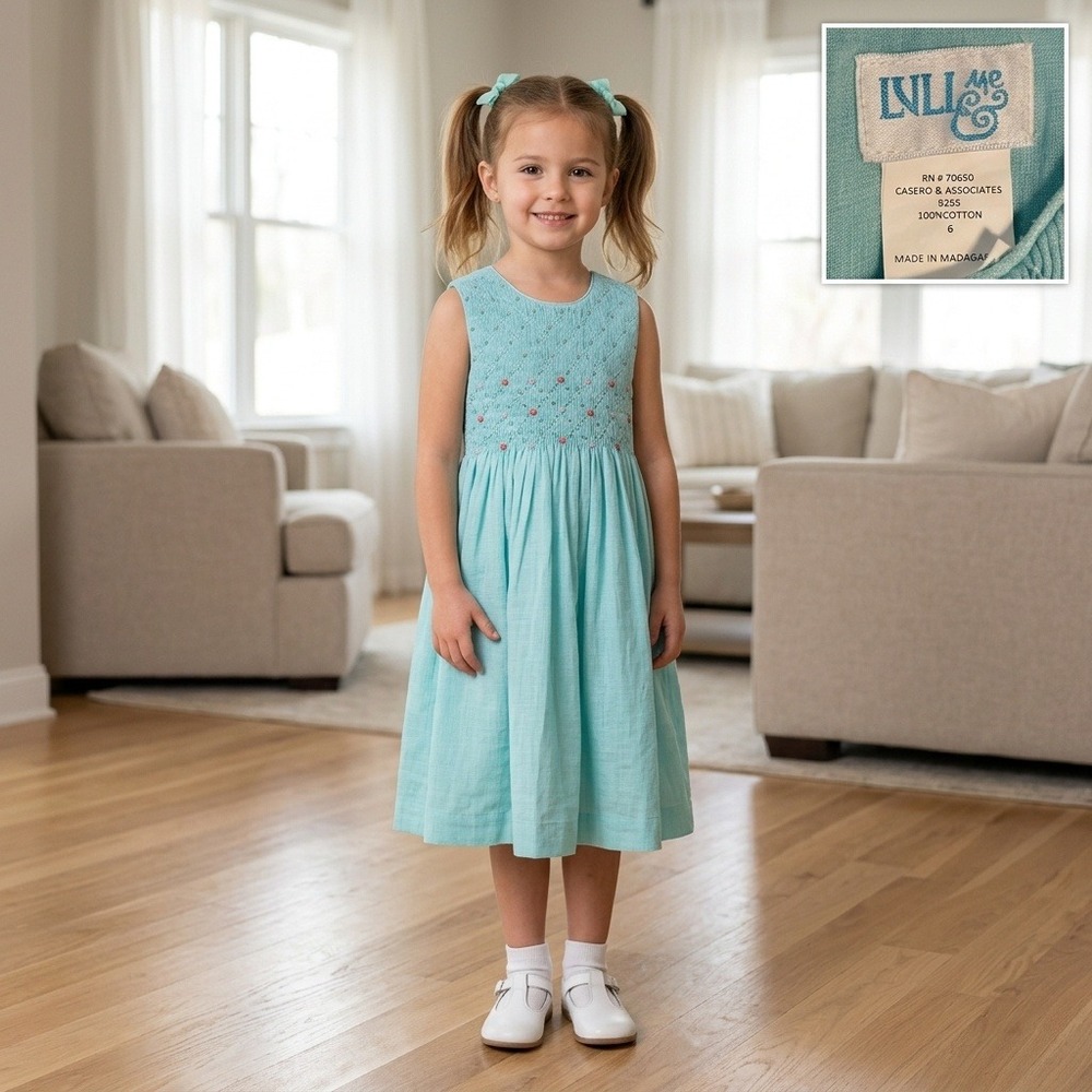 Luli & Me Set Smocked Dress Girls Size 6 Turquoise Excellent Cotton Sleeveless